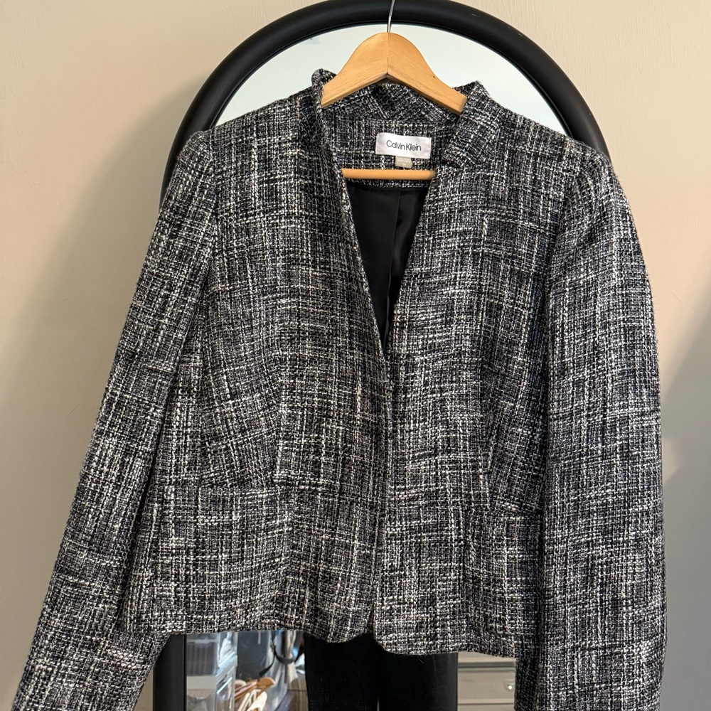 Calvin Klein Black & White Tweed Open Front Blazer Jacket Women’s Size 14 NWT